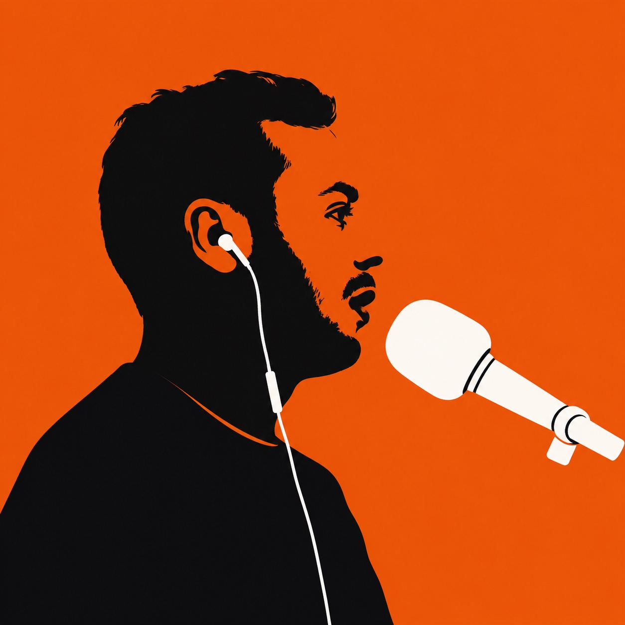The Human Logos artwork: a black portrait silhouette with white earbuds and a microphone against an orange background.